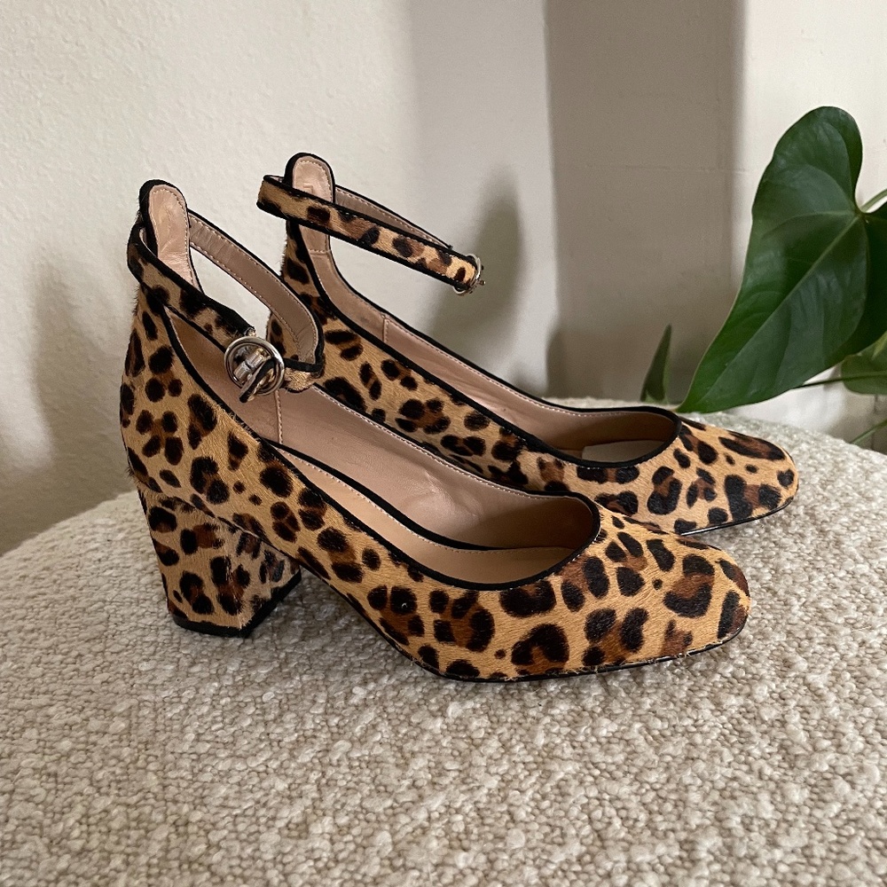 Gap Pony Hair Leopard Print Ankle Strap Heels